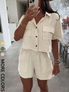 2 Spring Summer Linen 2 Piece Set Women | Collared Crop Top + High Waist Shorts | Old Money Quiet Luxury Style for Daily Vacation Travel Wear