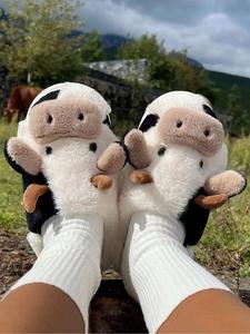 Cute Fluffy House Cow Slippers, Personalized Cartoon Animal Design Soft Comfy Bedroom Eva Slippers, Fuzzy Warm Household Slippers for Autumn and Winter Footwear for Girl