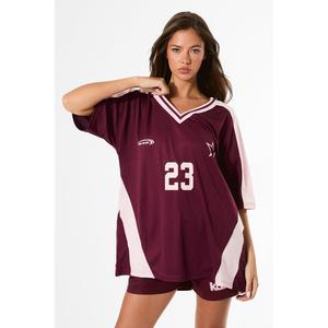 Kaiia Oversized Football Shirt Burgundy & Pink