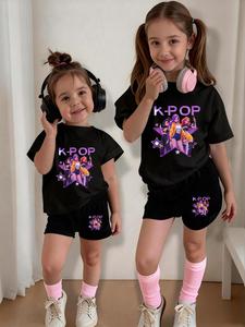 Girls' Casual Short Sleeve Shorts Set, K-Pop Girl Group Print, Fitted Round Neck T-Shirt, Cartoon Pattern, All Seasons