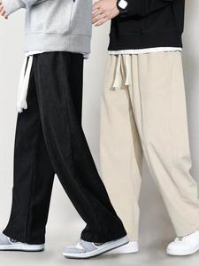Men's Solid Drawstring Waist Corduroy Pants, Casual Comfy Straight Leg Trousers for Fall & Winter, Men's Bottoms for Daily Wear