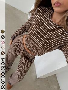 women's casual home set, striped crew neck long sleeve t-shirt & loose straight leg pants, perfect for daily wear & sports