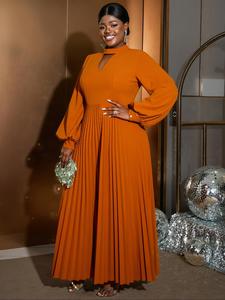 Plus Size Plain Cut Out Lantern Sleeve Pleated Hem Dress, Elegant Mock Neck Long Sleeve A Line Maxi Dress for Party Holiday Wedding Guest, Women's Plus Clothes for All Seasons