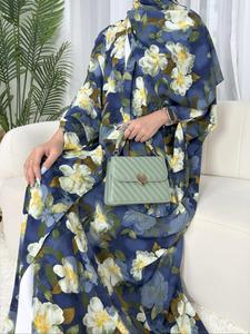 Women's Floral Print Long Sleeve Abaya & Hijab Set, Elegant Casual Abaya & Headscarf Set for Daily Wear, Ladies Islamic Clothing for All Seasons