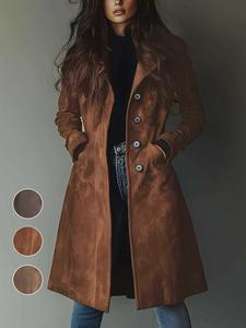 Women's Suede Coat Elegant Vintage Design Durable Material Single Button Mid-Length Commuter Outdoor Wear