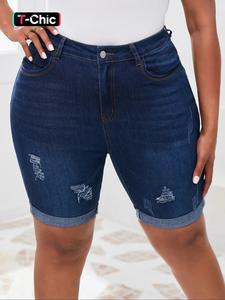 Plus Size Solid Ripped Tight Stretch High Waist Denim Shorts, Casual Pocket Button Fly Skinny Jeans Shorts, Summer Clothes