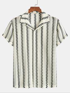 Men's Chevron Pattern Hollow Out Jacquard Short Sleeve Shirt, Loose Casual Comfy Breathable Drop Shoulder Button Front Lapel Neck Top for Summer, Men's Clothes for Beach Vacation