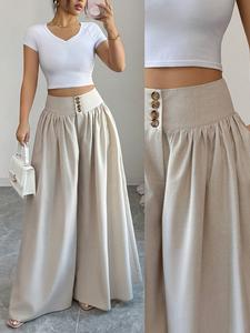Elegant High-Waisted Wide-Leg Pants, Bohemian Button Decor Long Trousers, Ruched Design for Volume, Spring Summer Women's Palazzo Pants
