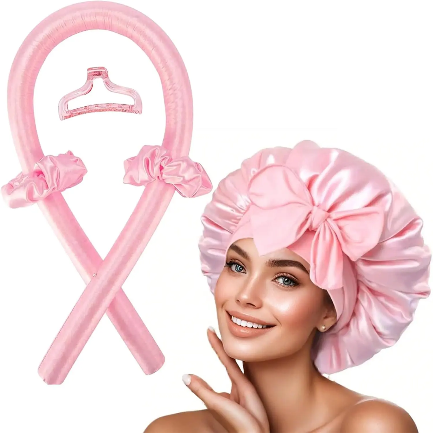 Satin Bonnet With Heatless Hair curler set,  Embrace Overnight Healthier Heatless Curls with Heat-free Silk Rubber Headband rod, Protect Curls with frizz free Double Layer  Bonnet Sleep Cap