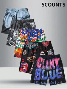 Men's Letter & Hand & Animal Print Drawstring Waist Shorts, Regular Fit Casual Comfy Breathable Beach Shorts for Summer, Men's Bottoms for Daily Wear