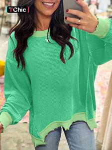 Spring & Fall Casual Women's Solid Color Twisted Ribbed Asymmetrical Hem Loose Fit Drop Shoulder Long Sleeve Knit Top Aesthetic
