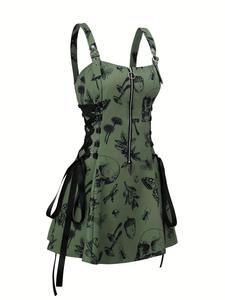 Women's Plants & Skull Print Lace Up Zip Front Cami Dress, Retro Fashion Adjustable Strap Short Dress for Party Holiday, Women Dress for Summer