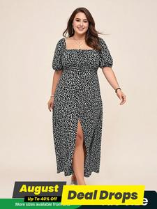 【Plus Size】 Floral Print Square Neck Dress, Casual Bohemian Boho Fashion Long Sleeve Dress for Daily Outdoor Wear, Women Plus Clothing for All Seasons, Women's Clothing, Black And White Womenswear, Casual Boho Fit Summer Clothes Women