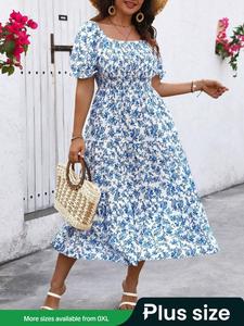 【Plus Size】 Floral Print Dress, Casual Fashion Short Sleeve Dress for Daily Outdoor Wear, Women Plus Clothing for Summer