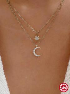 925 Sterling Silver Moon & Star Design Pendant Necklace, Double Layer Artificial Zircon Decor Necklace, Fashion Jewelry Accessories for Women & Girls Christmas Gift