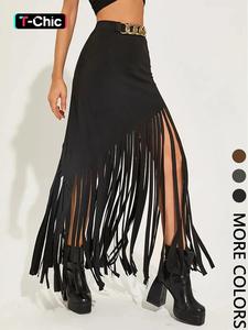 Women's Solid Color Fringe Trim Skirt, Fashionable Long Skirt for Party Club Dating Wear, Women's Bottoms for Summer