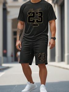 【Plus Size】 Men's Number Print Short Sleeve Tee & Shorts Set, Regular Fit Casual Round Neck T-shirt & Track Shorts, Men's Summer Clothes