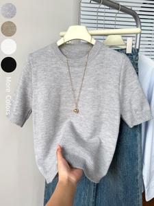 Women's Short Sleeve Crew Neck Knit Top Spring/Summer Solid Color Casual Daily Wear Simple Cute Lightweight Sweater Top, Summer Tops for Women, Summer Outfit for Women, Summer Knitwear, Women Cute Summer Tops