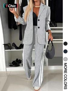 Women's Striped Print Blazer Jacket & Wide Leg Pants Set, Casual Fitted Suit for All Seasons, Stylish Ladies' Clothing Ensemble