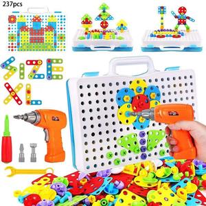 Educational Building Blocks, Building Block Sets, 237-Piece Electric Screwdriver Toy, Kids Hand Drill Puzzle Set, Nut and Bolt Disassembly Blocks, DIY Construction Toy for Boys and Girls, STEM Building Kit for Ages 4-10 (Batteries Not Included)