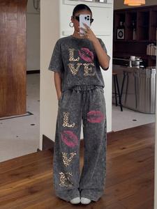 Women's Vintage Washed Lip Print Love Two-Piece Set, Casual Short Sleeve Tee & Straight Leg Pants, Y2K Streetwear Home Womenswear