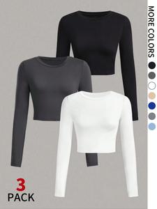 Women's Solid Round Neck Crop Tee, Classy Casual Long Sleeve Crew Neck T-shirt for Spring & Fall, Fashion Women's Top for Daily Wear, Womenswear