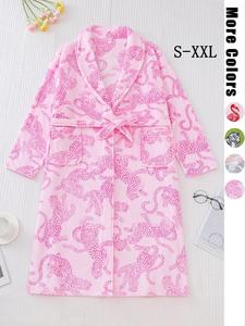 Women's Animal Print Pocket Belted Lounge Robe, Elegant Long Sleeve Shawl Collar Dressing Gown Women, Ladies Sleepwear for Fall & Winter, Casual Comfy Pajama