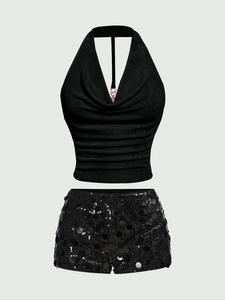 Ladies' Fashion Two-Piece Set Fitted Solid Color Halter Neck Sequin Shorts Outfit, New Casual Women's Wear.