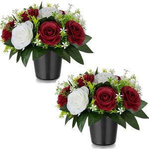 Artificial Grave Flowers Pots: Set of 2 White Rose Silk Cemetery Flower Funeral Outdoor Decoration Memorial Floral Decorative Graveside Ornaments Fake Bouquet
