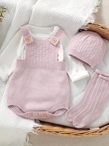 Baby's Plain Button Sweater Bodysuit & Hat & Socks Set,  Comfort Cute One-Piece Outfit for Newborn Infant Kids Spring & Fall, Newborn Baby Clothes Gifts