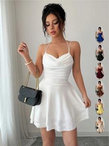 French Style Sexy Slim-Fitting Ruched Dress, Plain Color Backless Party Gown, Perfect for Graduation Season, Women's Elegant Clothing