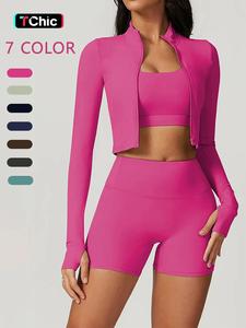 Women's Plain Tracksuit Set, High Stretch Long Sleeve Thumb Hole Design Zip Up Crop Sports Jacket & High Waist Skinny Shorts, Women Sportswear Set for Summer, Elegant Gym Outfits, Streetwear Tracksuit Set, Sweat Suit