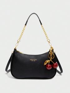 New Fashion Classic Letter Pattern Shoulder Bag, Cherry Pendant Decoration, Crossbody Crescent Bag for Women, Autumn Winter New Arrival, Fashionable Crossbody Bag