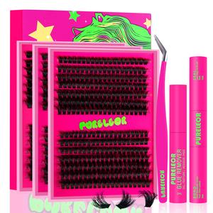 PURELEOR Fluffy Individual Eyelashes Kit Clusters Lashes Set DIY Lash Extension Russian D Curl with Bond and Seal,Remover,Applicator
