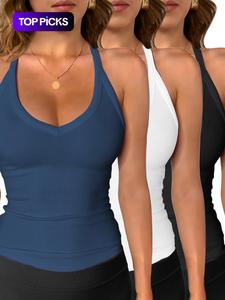 Women's Solid V Neck Ribbed Tank Top, Casual Comfy Cami Fitted Sleeveless Top for Daily Wear, Ladies Clothes for All Seasons, Casual Fashion Sleeveless