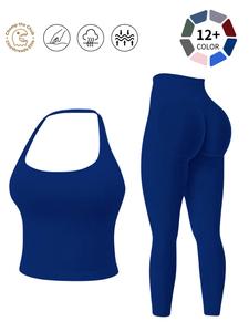 Halter Neck Backless Yoga Set - 12+ Colors, Seamless 2-Piece Workout Outfit with Butt Lifting Leggings, Buttery Soft & Squat-Proof for Gym, Yoga & Everyday Wear Backless Gym Clothes
