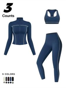 Women's Sporty Casual Three-Piece Set, Unique color-blocked bra & Leggings & Open Front zip-up Outerwear for Yoga Pilates Gym Workout Running, Ladies Sporty Style Clothes for All Seasons, Comfortable & Stylish Design for Daily Wear, Sportswear For Gym