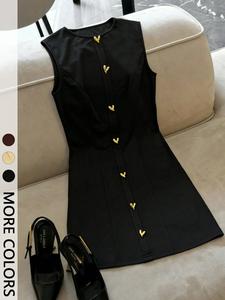 1 Piece Elegant Black Sleeveless Fitted Mini Dress with Heart Button Detail