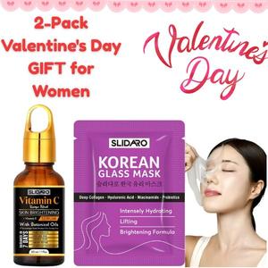 2 in 1 Valentine’s Day Gift for Her | Vitamin C Serum & Korean Glass Mask Set | Hydrating Brightening Skincare Gift for Women