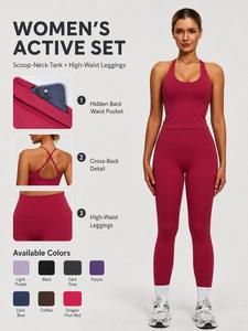 Women's 2 Piece Workout Set, Padded Halter Neck Tank Top, High Waisted Leggings, Hidden Back Pocket, Yoga Gym Running, All Seasons, Sportswear Set, Gym Sets