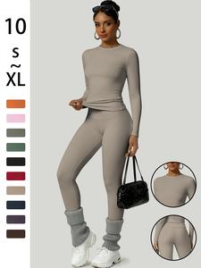 Women's Simple Solid Color Sportswear Set, Comfortable T-Shirt & Slimming Leggings, Perfect for Fall Winter Yoga & Daily Wear, Sweatsuit Sets