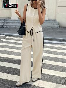 Women's Two-Piece Set, Colorblock Sleeveless Vest and Drawstring Pants, Summer Fashion Casual, Ladies' Comfortable Clothing