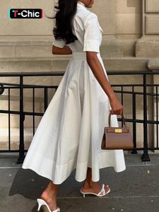 Simple Casual Lapel Short Sleeve Belted Midi Dress, Slim-Fitting Plain Design, Women's Fashionable Elegance Summer Day Wear, Womenswear
