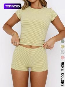 Two-piece Set Women's Striped Print Crop Tee & Shorts, Casual T-shirt & Shorts for Daily Wear, Ladies Two-piece Set for All Seasons, Clothes, Womenswear