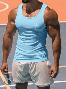 Men's Cross Print Tank Top, Regular Fit Sporty Breathable Sleeveless Top for Gym Workout Running, Casual Comfy Men's Clothes for Summer, Vests, Activewear