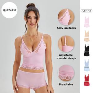 KatchMe & LUMENNEST Women's Minimalist Lace Series Spaghetti Strap Lace Trim Wirefree Breathable V-Neck Camisole & Panties Set, Basic Underwear Set