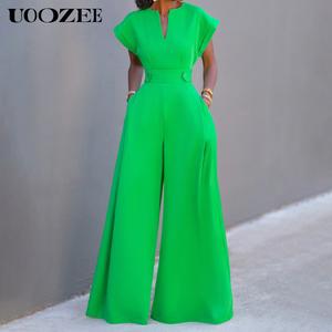 UOOZEE Women's Cap Sleeve Wide Leg - Fitted Polyester Overall with V-Neckline - Chic & Elegant Style Multi-colored Jumpsuit