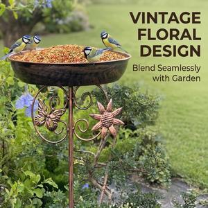 Vintage Iron Wild Bird Feeder, Design, 76cm Tall, 24.2cm Dish, Rust - Proof, Outdoor Garden Bird Feeding Station for Multiple Birds