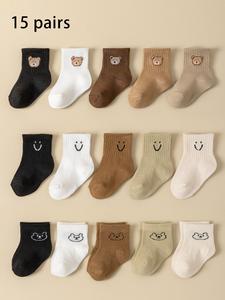Baby Cartoon Bear & Smile Face Pattern Calf Socks, Casual Soft Comfy Breathable Socks for Baby Boys & Girls, Kid's Socks for All Seasons, Cute, Babywearing, Socks Set, Baby Clothing