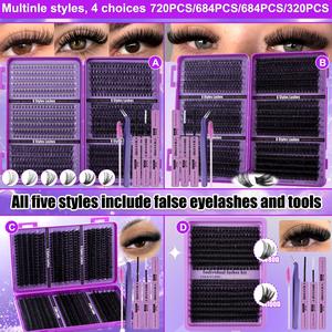 720/684/648/320 Clusters Thick Individual Lash Kit, 100D-150D 6-in-1 Mixed Lashes, Cosmetic, w/ Glue & Tools, 8-16mm Mixed Lengths, Fine Natural, Lightweight Soft, Beginner-Friendly, For Daily, Outdoor, Dates, Festivals, Spring Fest Stock-Up